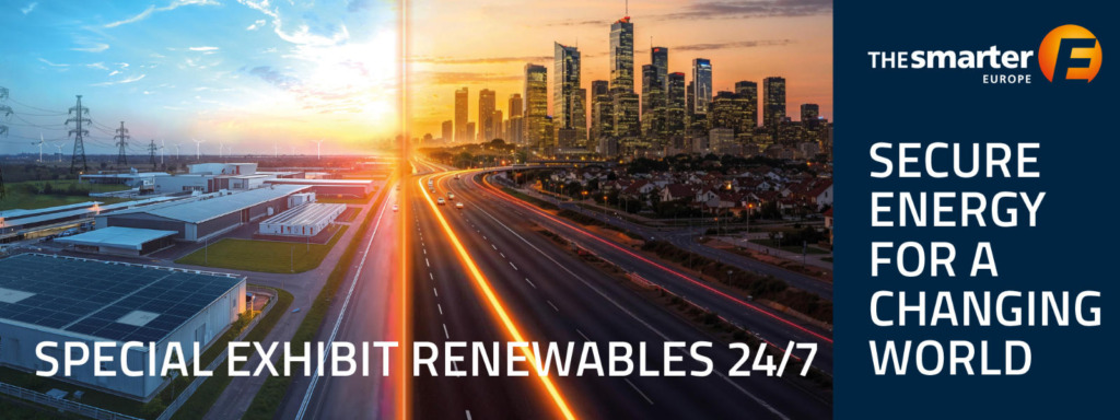 Werbebanner der The Smarter E Europe 2026 für die Sonderausstellung „Special Exhibit Renewables 24/7" mit dem Slogan „Secure Energy for a Changing World"
