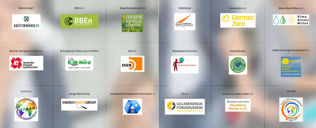 „Screenshot mit Logos mehrerer Organisationen und Verbände, die den Runden Tisch Erneuerbare Energien unterstützen."