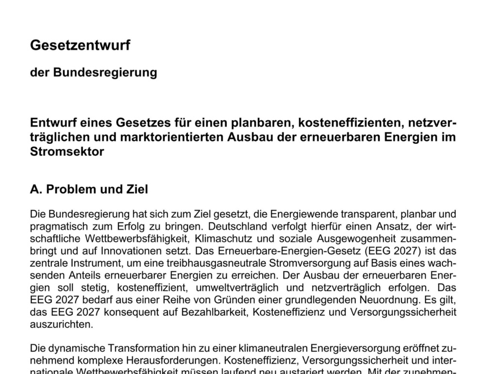 Titelseite des Gesetzentwurfs der Bundesregierung zum EEG 2027 für den Ausbau erneuerbarer Energien im Stromsektor