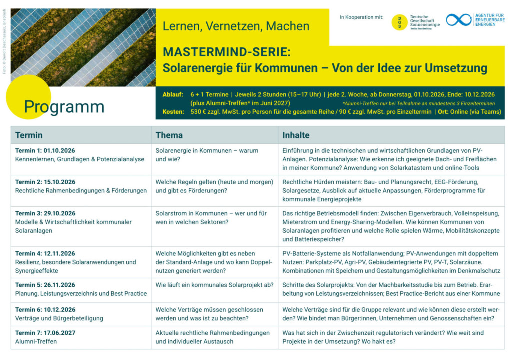 Programmübersicht der Mastermind-Serie „Solarenergie für Kommunen" von AEE und DGS Berlin Brandenburg: sieben Online-Termine von Oktober 2026 bis Juni 2027