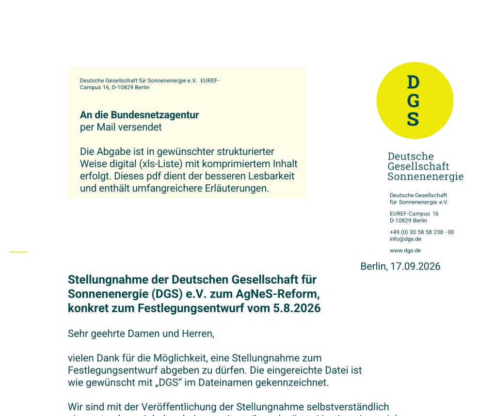 Titelseite der DGS-Stellungnahme zur AgNeS-Reform an die Bundesnetzagentur, datiert 17.09.2026