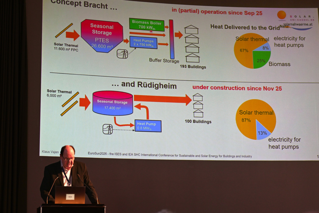 Prof. Klaus Vajen präsentiert Solarthermie-Wärmenetze in Bracht und Rüdigheim mit Saisonspeichern und Wärmepumpen.