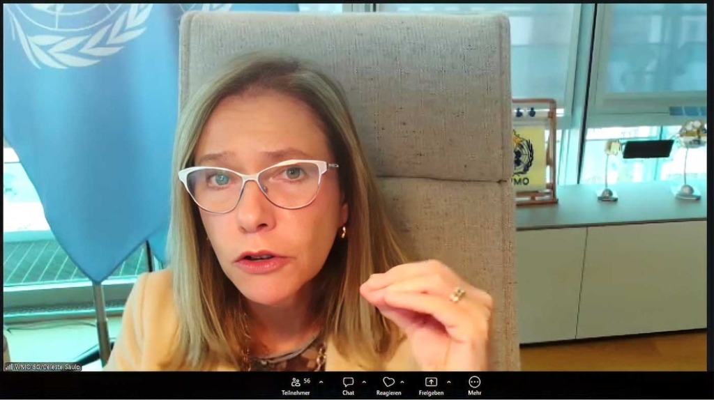 Celeste Saulo, Generalsekretärin der WMO, spricht in einer Videokonferenz, hinter ihr eine UN-Flagge.
