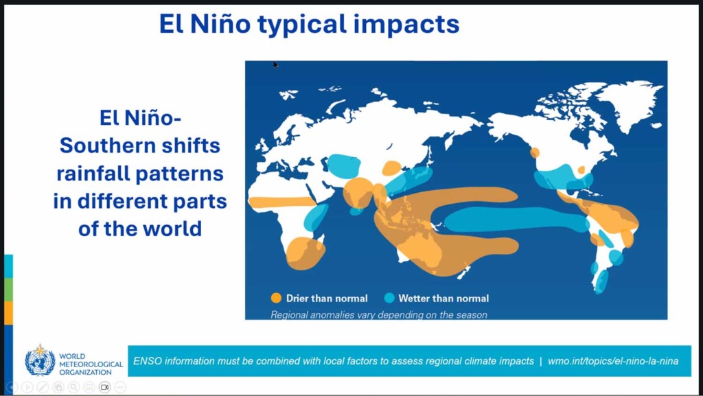 Weltkarte der WMO: Regionen, die bei El Niño typischerweise trockener (orange) oder nasser (blau) als normal sind.