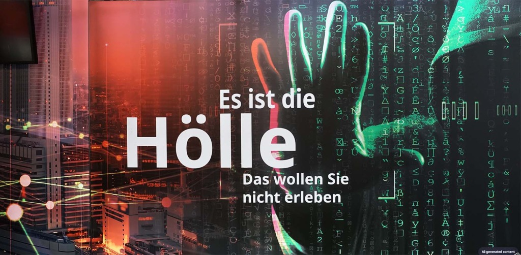 KI-generiertes Messeplakat mit dem Schriftzug „Es ist die Hölle – Das wollen Sie nicht erleben“, dahinter eine abwehrende Hand vor grünen Zeichenkolonnen und nächtlicher Skyline